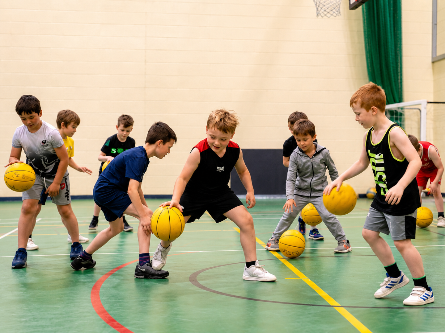 Young players training on the indoor basketball court